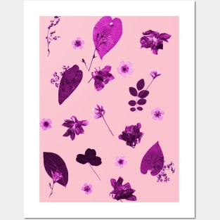 Purple Floral Pattern Pressed Flowers and Leaves Posters and Art